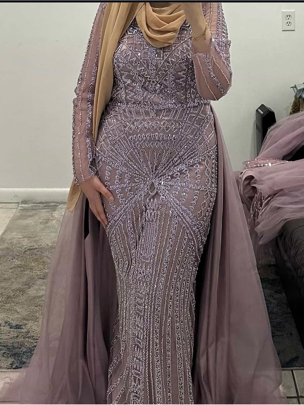 Beaded Mauve Evening Gown with Cape
